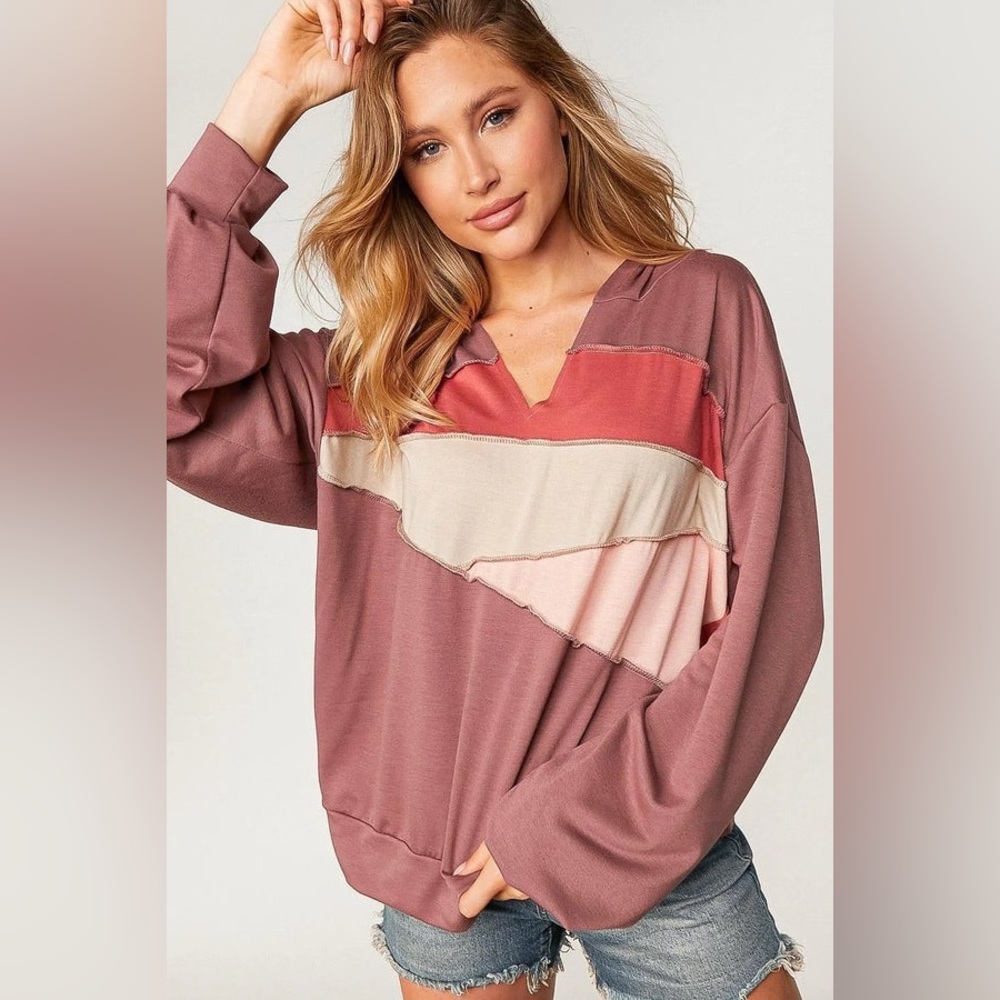 NWT sugarfox lightweight colorblock hoodie Marsala rose tan